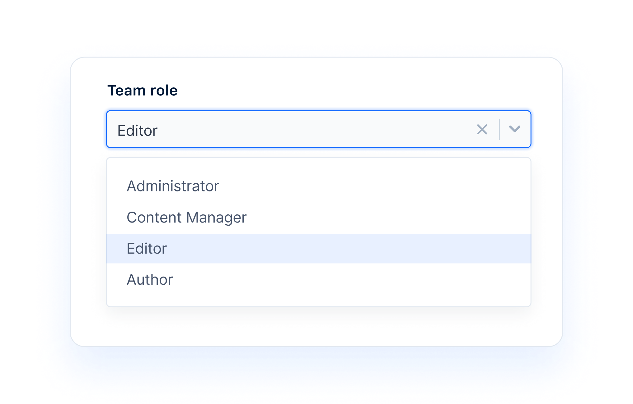 Dropdown selector from Keystone’s Admin UI showing different user roles: Administrator, Editor, Content Manager, Author