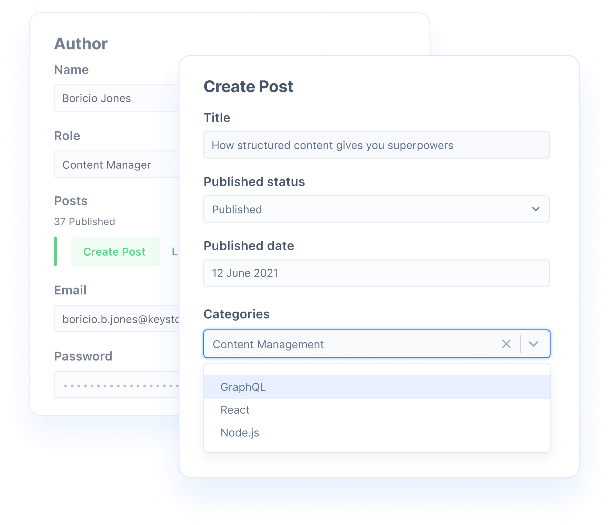 2 Admin UI panes showing creation of relationships in place. Author window opens up a Create Post window where Post categories can be selected.