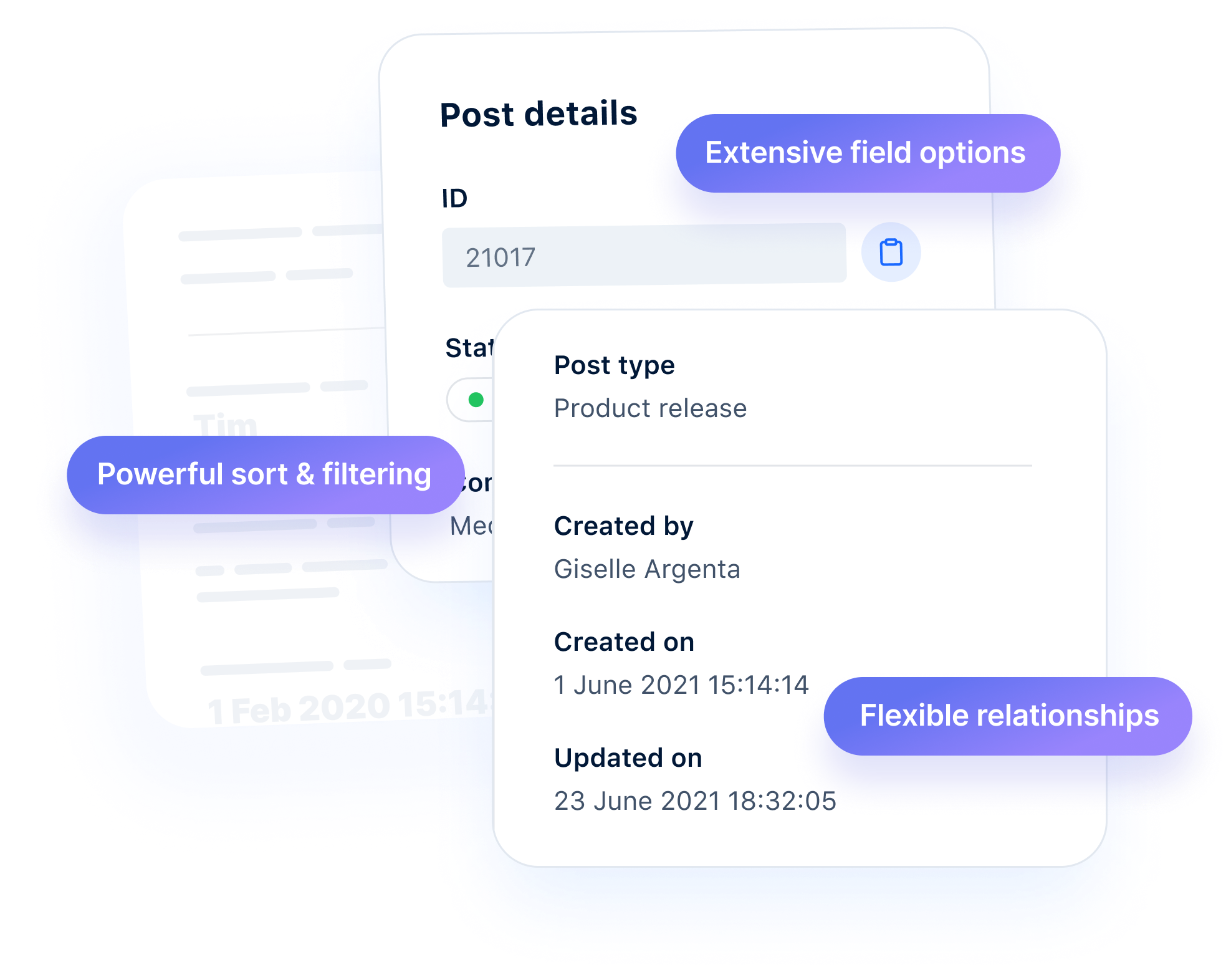 Overlay of Admin UI field panes showing fields for a Post content type. Promotional text overlays show: extensive field options; flexible relationships; powerful sort & filtering.