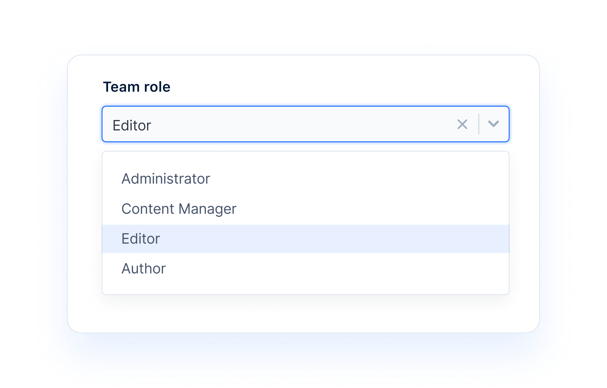 Dropdown selector from Keystone’s Admin UI showing different user roles: Administrator, Editor, Content Manager, Author