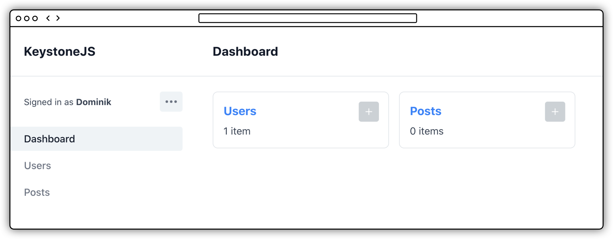 The Admin UI of Keystone showing the two lists: User and Posts