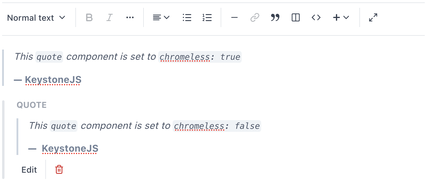 Quote component blocks demonstrating chrome, and chromeless styling